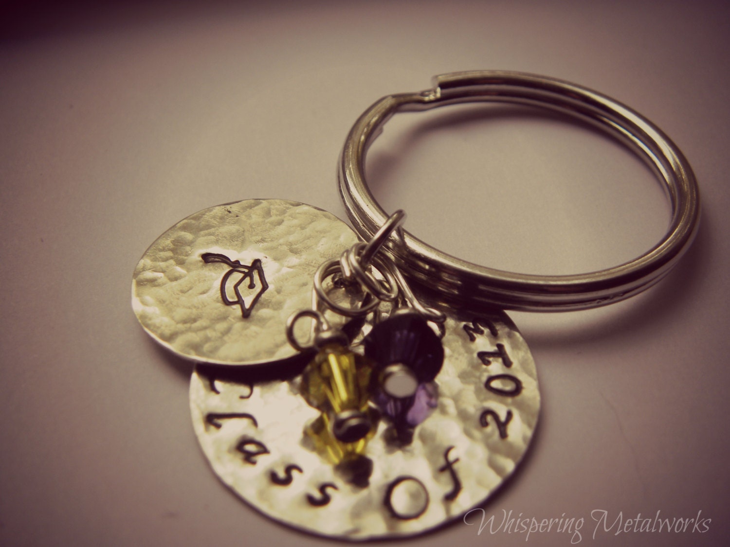 GRADUATION Class of 2013 key chain hand stamped silver with mortarboard and Swarovski crystal colors of your choice