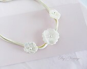 Mother of Pearl White Flower Shell Necklace / Choker On Cream Color Leather Suede Cord Jewelry Wedding