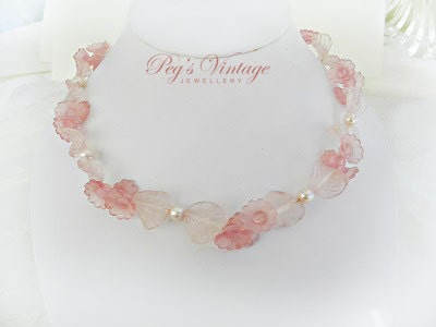 Unique Vintage 1950s  Pretty Plastic Translucent Bead Necklace With Flowers , Leaf beads And Pearls ,  Dusty Rose Pink Costume Jewelry