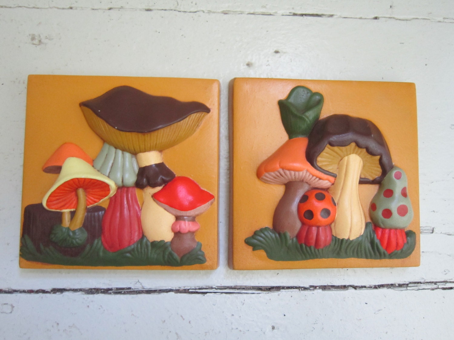 1970's, Set of Two, Mushroom, Chalkware, Wall Plagues