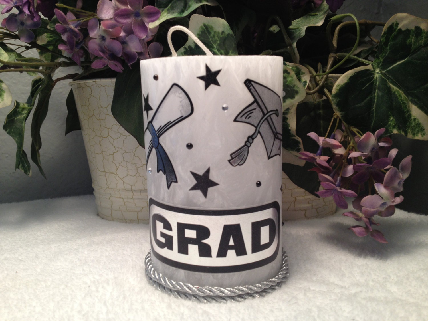 Graduation handmade scented candle white black and silver