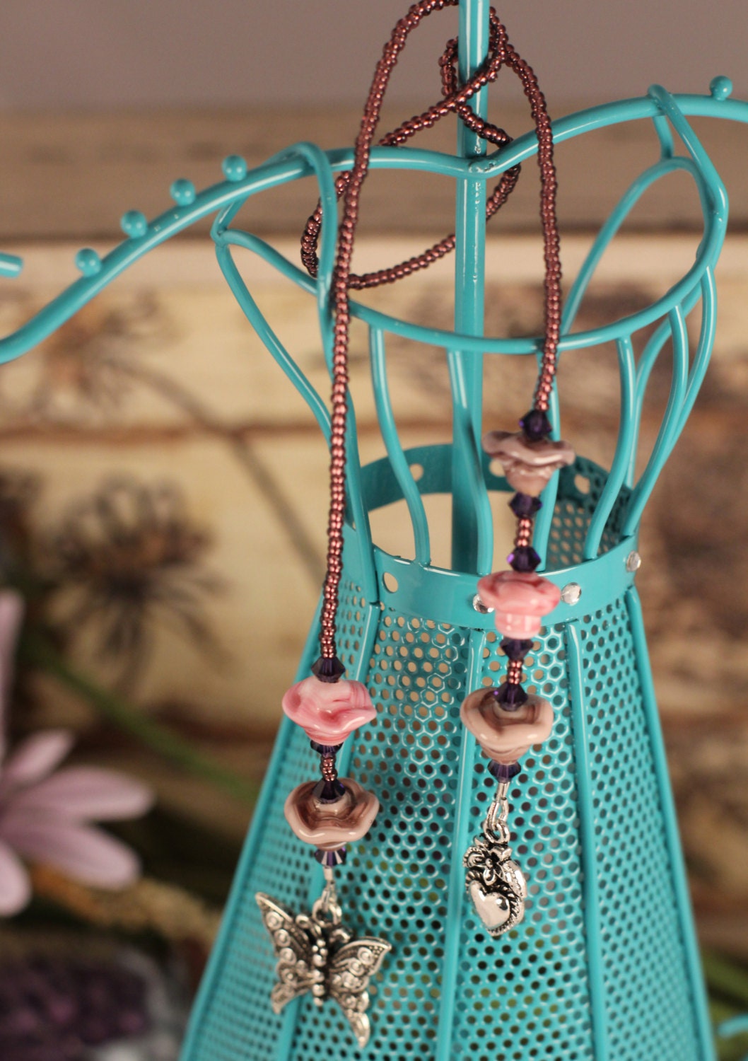 Flower Shaped Beads- Handmade Beaded Bookmark Book Thong in Lavender and Pink with Metal Charms and Swarovski Elements Crystals