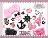Black & Pink Kawaii Large Bow Anchor Wheel Leopard Bling Decoden Flatback Kit DIY cell phone case Cabochon Deco Set Kit DS685