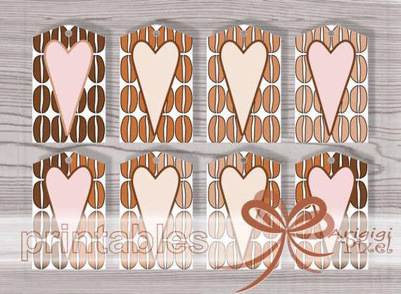Printable DIY Gift Tags, Hearts and Coffee Beans , brown, pink, PNG PDF file instant download Il_570xn