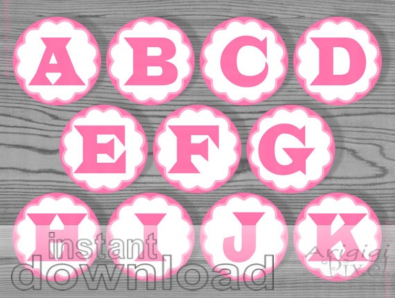 pink printable alphabet circle, party circle 2 1/2 in, scalloped style, for DIY party favor bag, cupcake topper, table number... Il_570xn