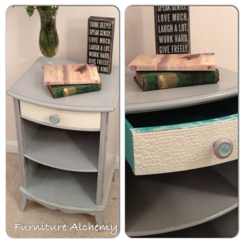 French Grey nightstand with Embossed drawer front- shabby chic vintage furniture