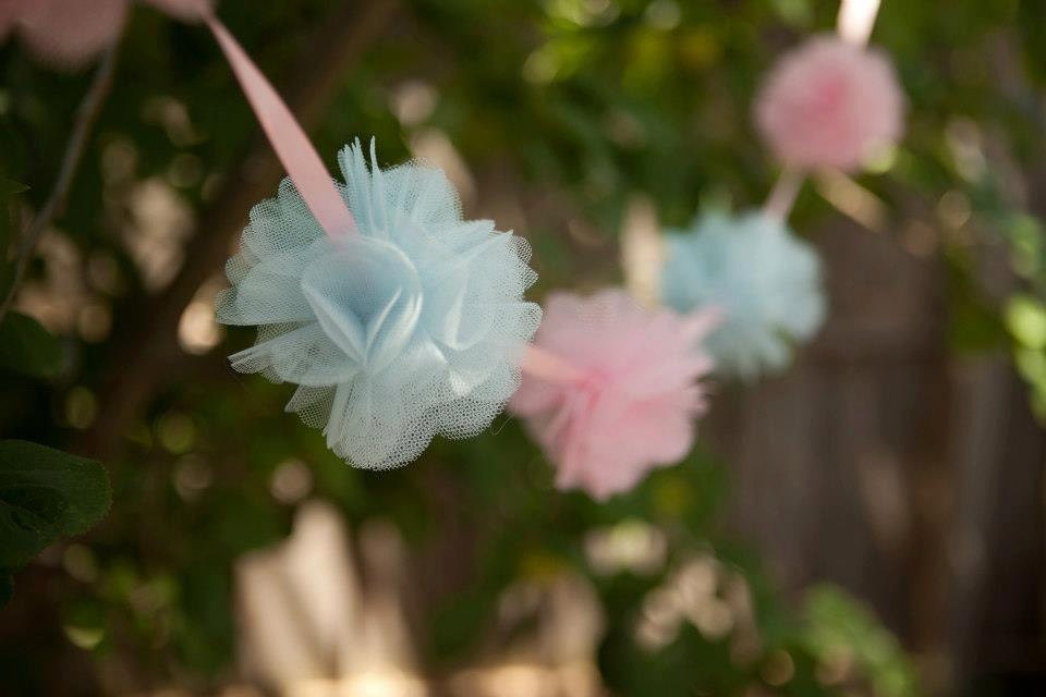 POM POM GARLAND blue and pink tulle garland childrens decoration christening decoration fairy party decoration baby shower bunting