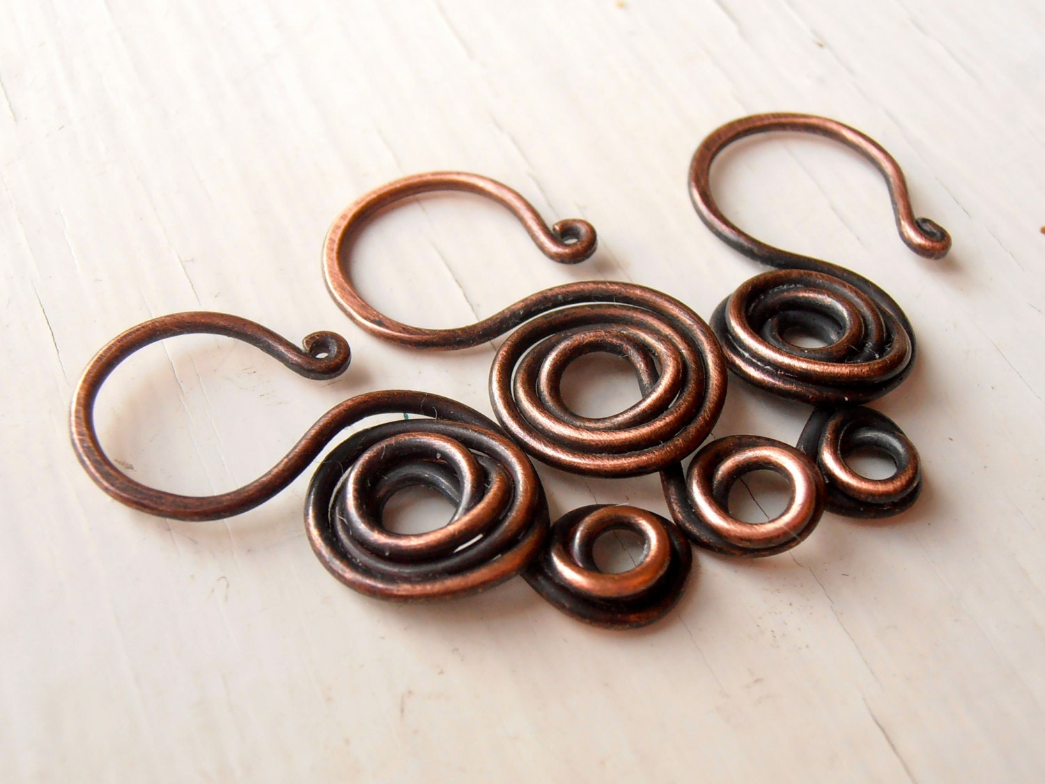 Deco Rose Clasps - set of 3, antique copper handmade clasps, 1mm (18g) wire