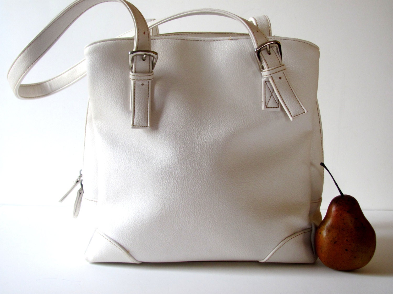 Vintage White Purse, White Purse with Straps, Leather