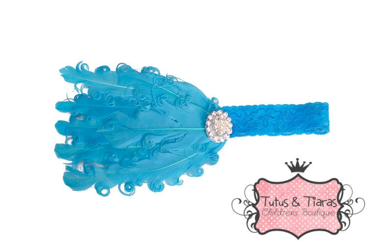 Luxury Couture Turquoise Feathers Flower Baby Headband for Little Girls Spring Pearls Easter Fancy, Wedding, Baby Photo Prop Il_170x135