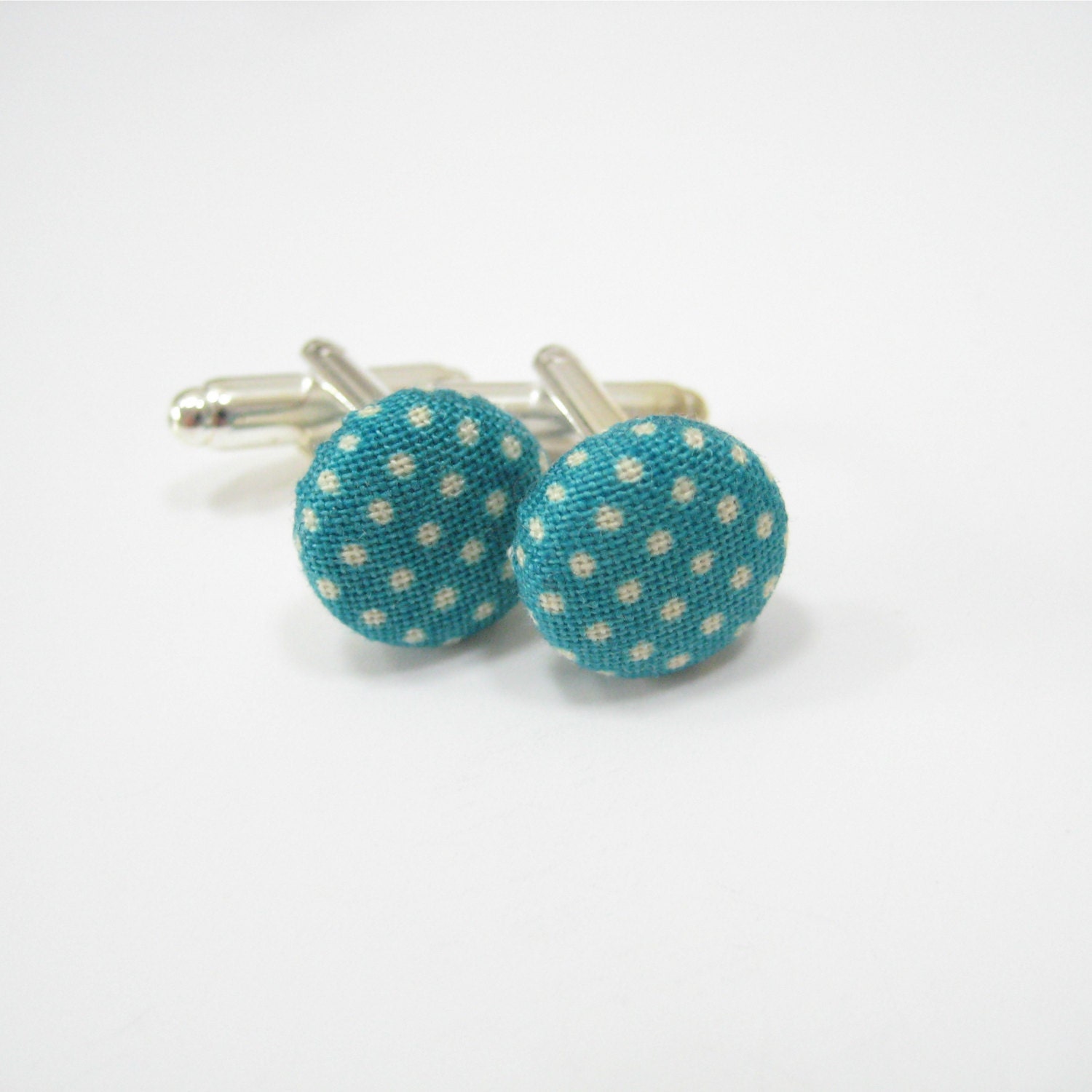 Teal white polka dot cuff links, Fun modern button cufflinks for guys or women, Cotton gifts for Him Men (CM)