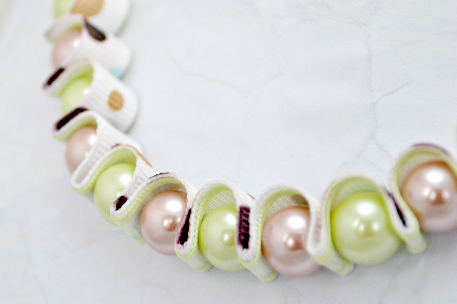 Polka dot ribbon and pearl necklace. Mint green and rose gold glass pearls. Beaded ribbon. Ships free.