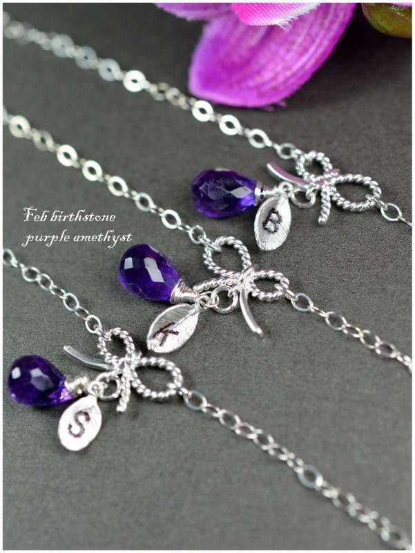 Initial BRACELET.Personalized birthstone .Initial.Charm.Monogrammed Gifts.Bridesmaid gifts.wedding bridal jewelry .silver bow , knot, purple