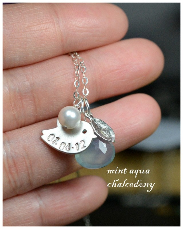 Bridal bridesmaid gifts jewelry Birthstone Necklace, Personalized Initial Charm,wedding date bird , Aqua Blue Chalcedony, initial leaf Disc