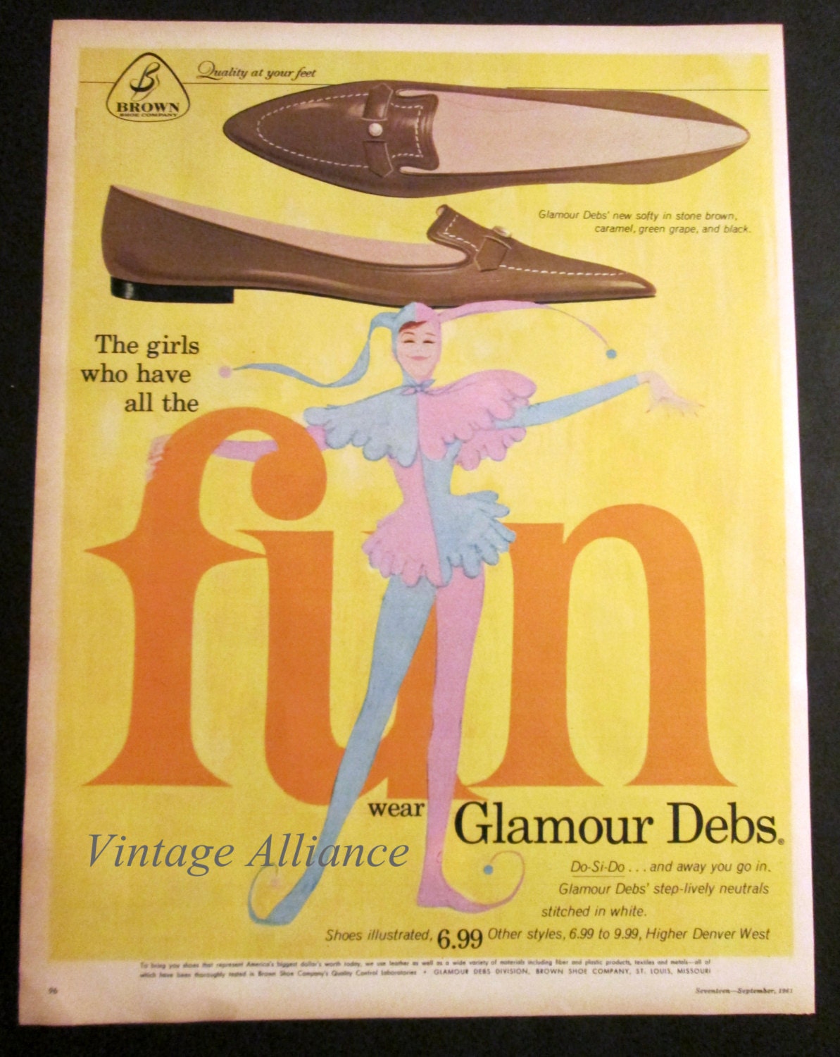 Vintage 1961 Illustrated Court Jester Glamour Deb Shoes 60's Print Ad Original Advertisement Retro Wall Art