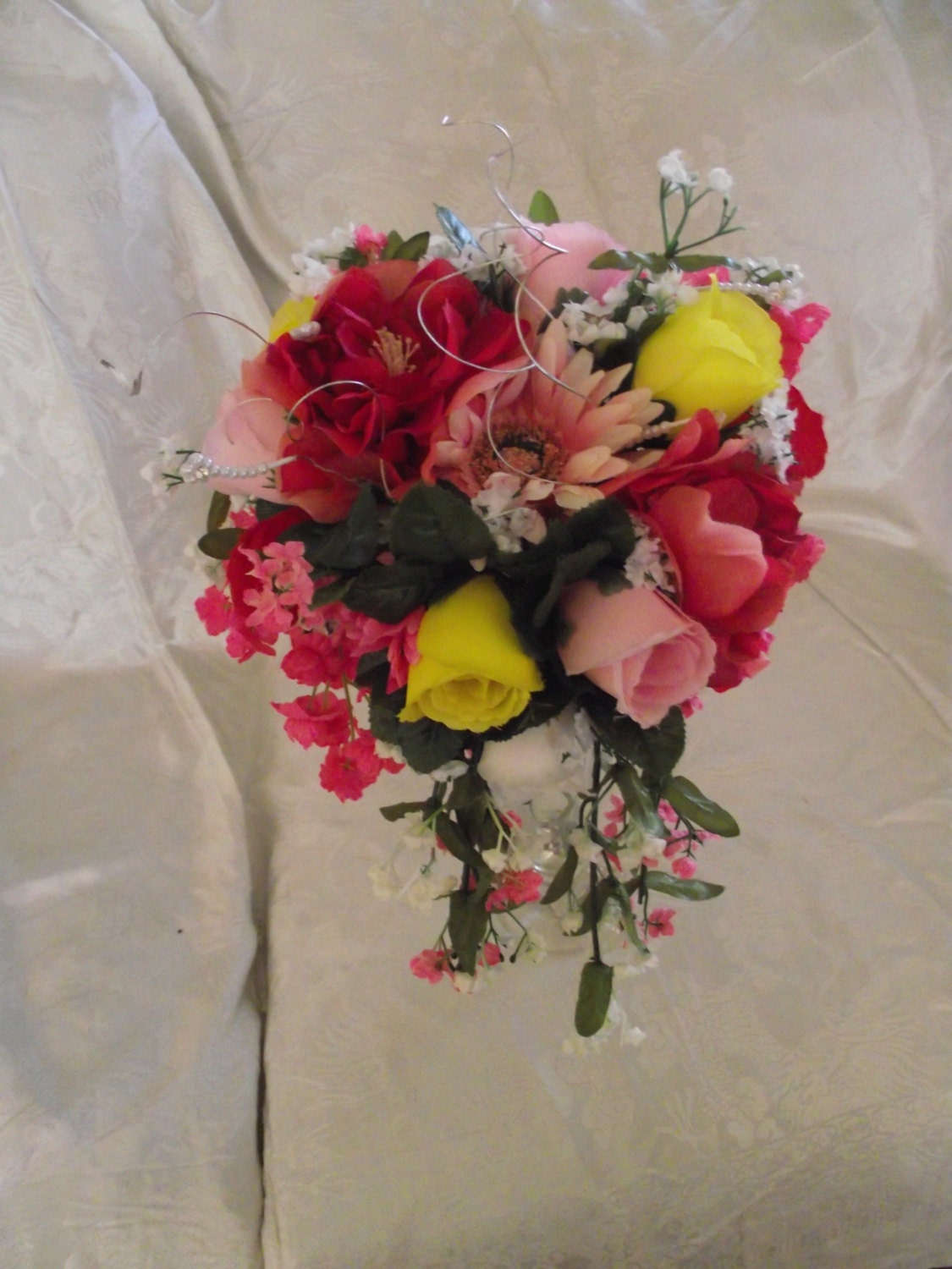 Spring flowers Wedding Bouquet, Pink, Yellow, Red Roses, Gerbera, Peonies, 4 Piece Package with Boutonniere and Maid of Honor Bouquet