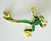 Frolicking Frog Pin. Sale, price reduced. Gold and Green Enamel Lapel Brooch circa 1990. Vintage Animal Costume Jewelry..