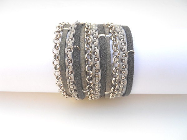 2 Shades of Gray Suede cord, A Gray Cotton Cord Macrame and A Pea Nickel Chain - 3X Wrap Bracelet - Annikaloveforwraps