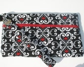 Red and Black Scroll Print Wristlet - Clutch Bag - Purse - Zipper Pouch