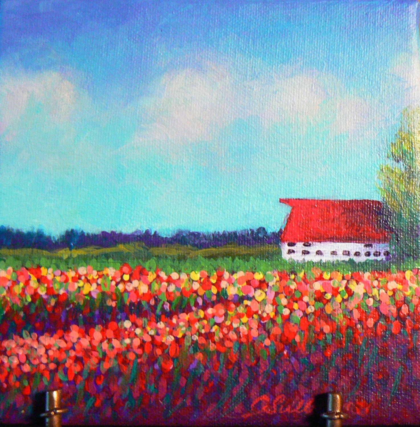 MINATURE Painting, VALENTINE GIFT, Barn,Wild Flowers, original painting, 6 X 6 40.00