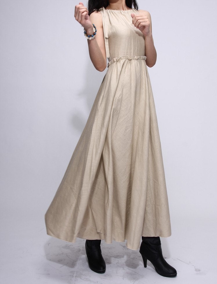 Woman summer beige linen long Slim sleeveless dress / asymmetrical dress