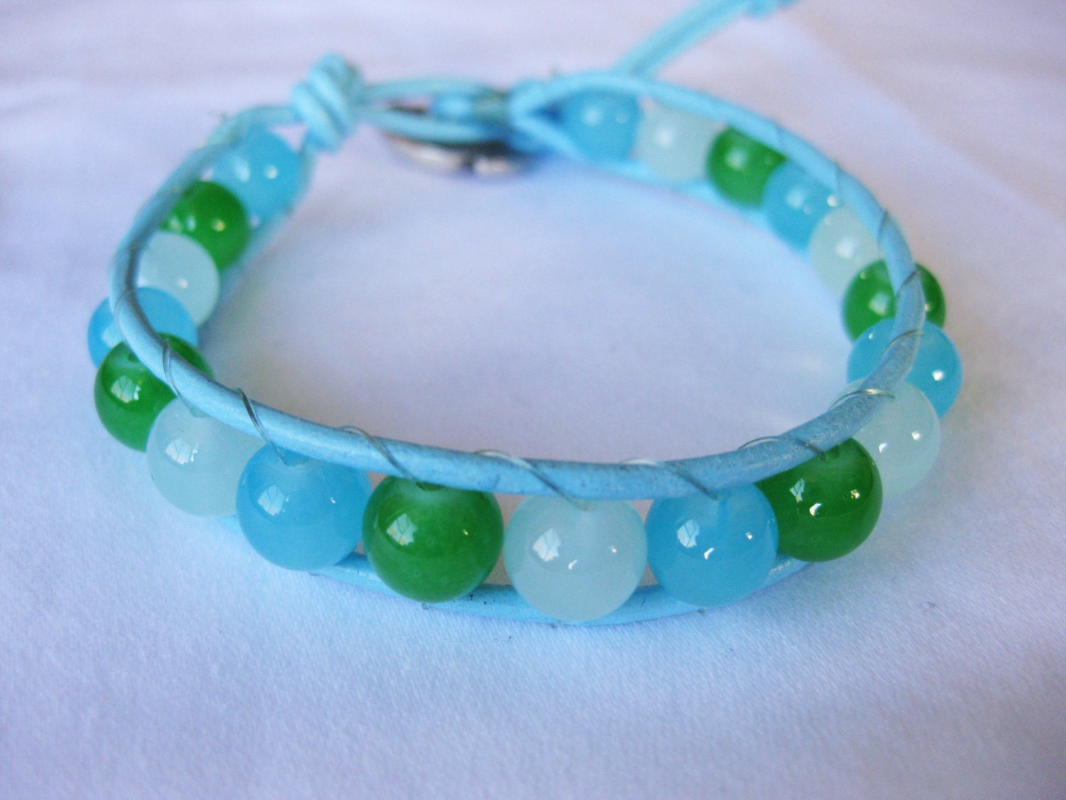 Light Blue Leather Bracelet With Metal Button