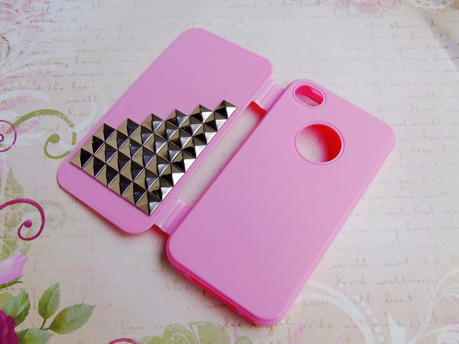 Pink iPhone 4 case, Protective Silicone case Studded iPhone 4 4S Case, Full Protection Flip Pyramid Studs Handmade Phone Case iPhone Cover