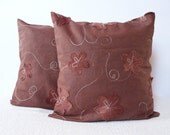 Chocolate brown floral pillow 16x16 Cushion Cover Rustic linen pillow set Embroidered pillow