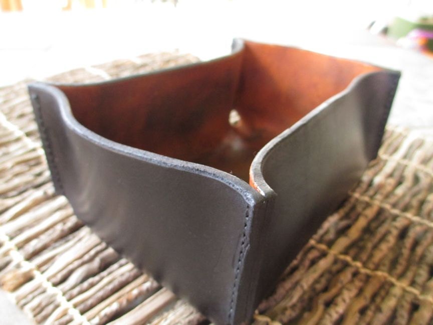 Molded Leather Box. Dresser, Desk Accessory. Black and Brown Hand Dyed and Stiched Leather Vessel.