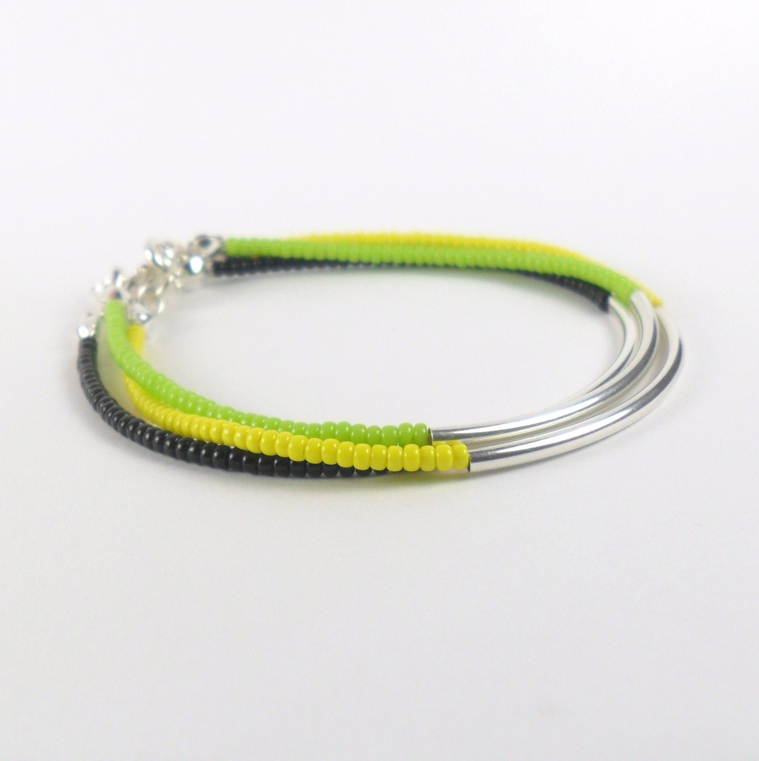 Neon Seed Bead Stacking Bracelet Set with Sterling Silver Tube 'Lime' - Minimalist jewellery - Friendship Bracelet - Set of Three