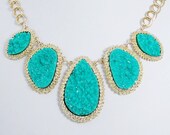Natural Aquamarine Seafoam Blue Turquoise Druzy Drop Stone Statement Necklace, Gold Tone Crystal Rhinestone Bib Necklace-120550617