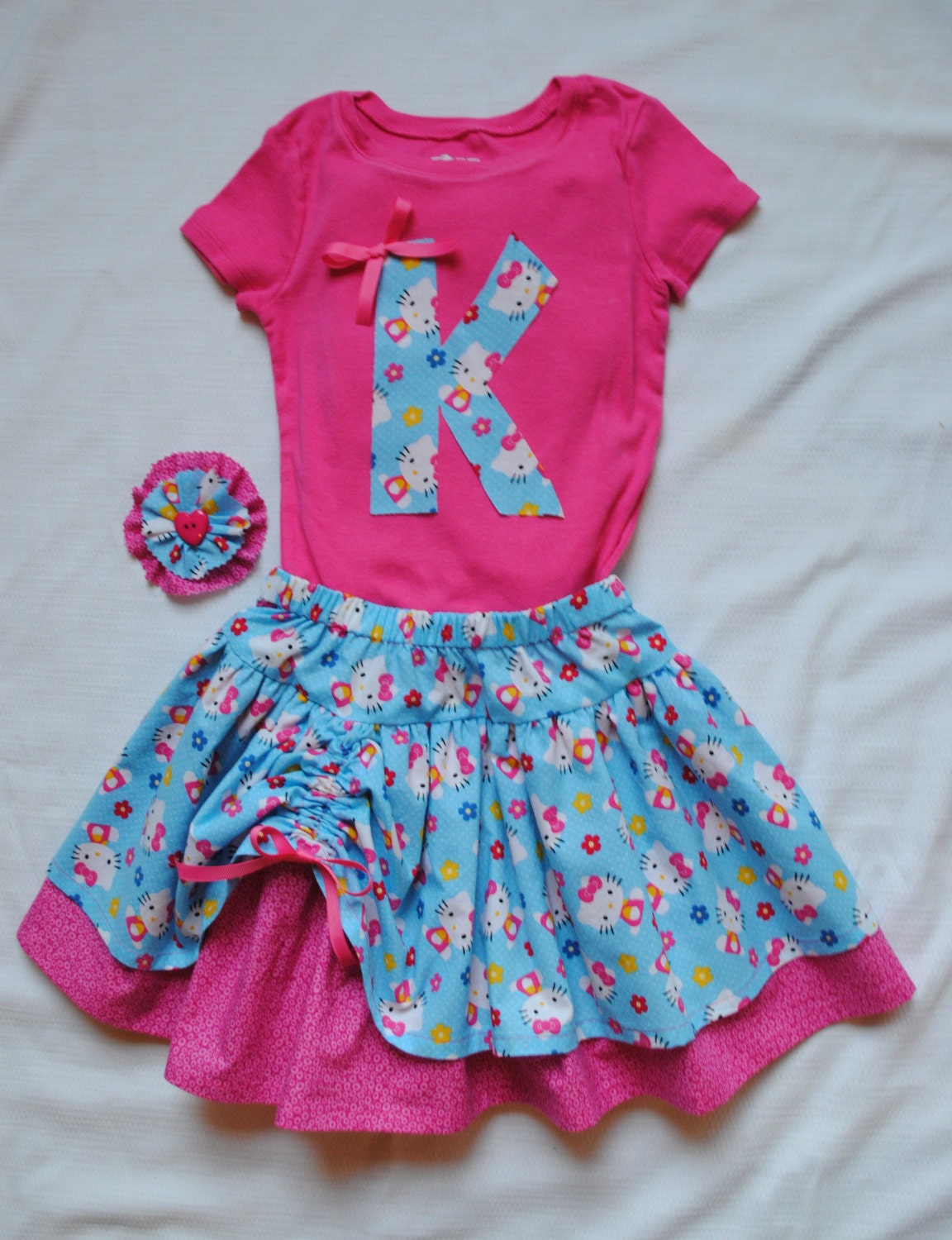 Twirl Skirt, Shirt Set made with Hello Kitty Fabric. Double Layer with Side Drawstring, Size 5T Ready to Ship. 12mo, 2t, 3t, 4t, 6, 7, 8