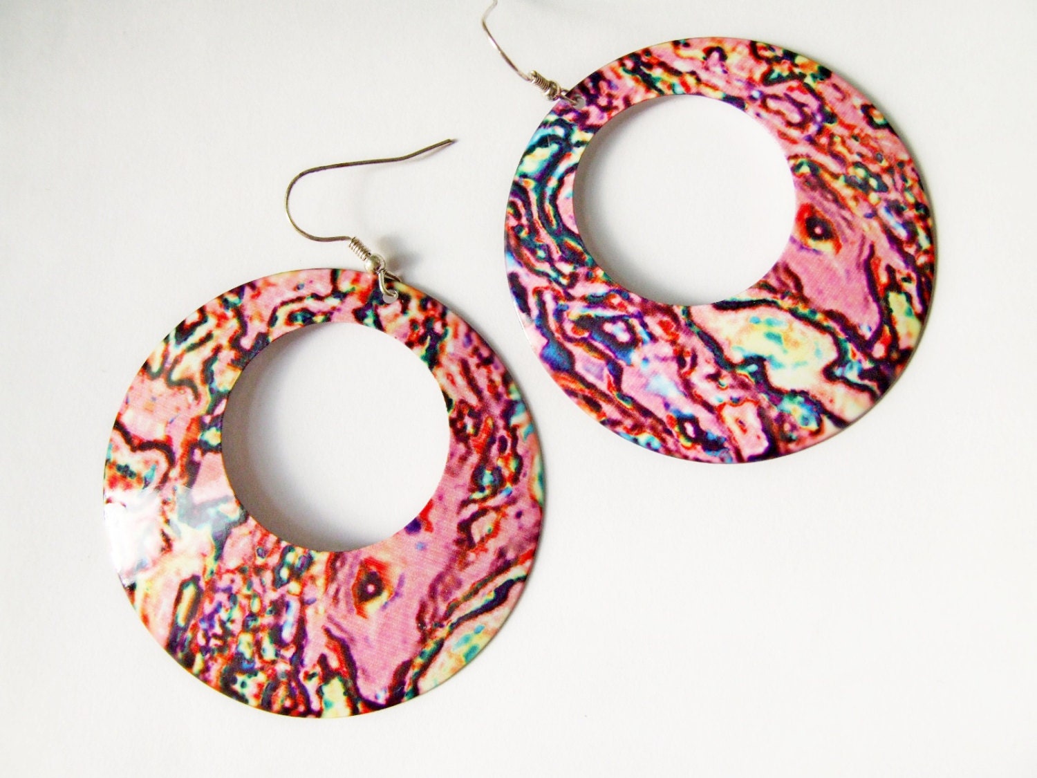 large vintage pink hoop dangle earrings oversize 90s abstract SALE - LaceFancy