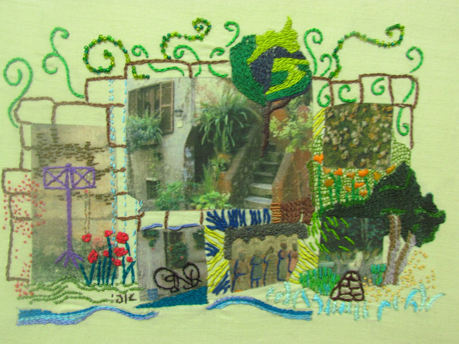 The VILLAGE,  Mixed media,  Hand embroidery, wall decor,  fiber art OOAK