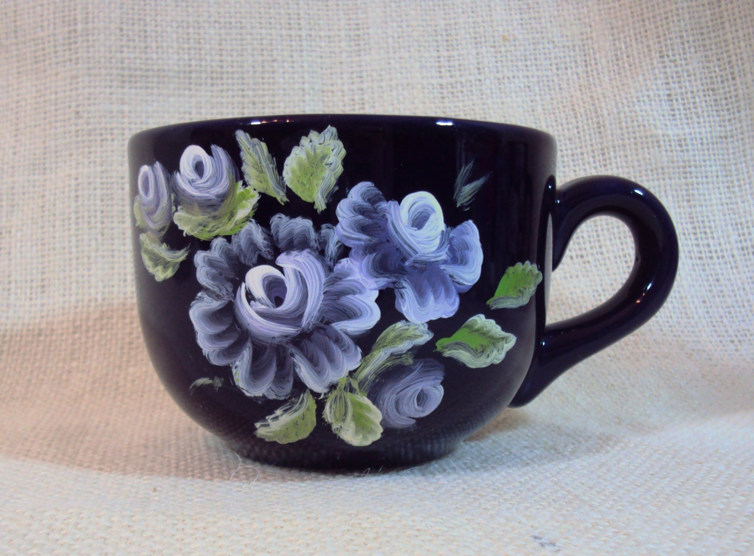Hand-Painted Ceramic Cobalt Blue Floral Coffee Mug 12 oz Tea Cup