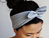 Gift Wrapped Light Blue Chambray Dolly Bow Headband/Inner Wired Headwrap/Turband