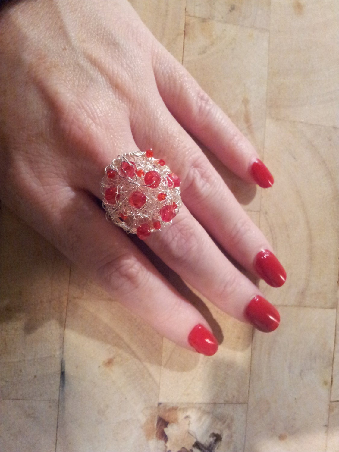 Beautiful Vintage Shabby Chic Beaded  Wire Nest Ring - Adjustable Ring