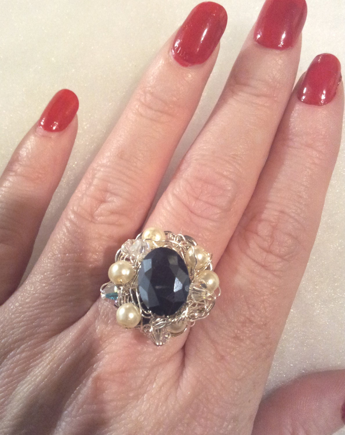 Stunning Ooak Retro Boho Ellipsoid Fine Cut Bead and Wire Nest Beaded Ring - With Adjustable shank