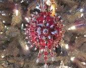 Handmade Red Pearl and Gold Beaded Sequin Ornament