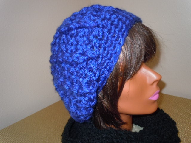 Crochet Chunky  Slouchy Beret - Blue -  hat  beanie  teens womens adult cap