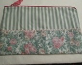 Sale 20% Free shipping with two or more items.Large pink and green floral and stripped cotton zipper pouch.