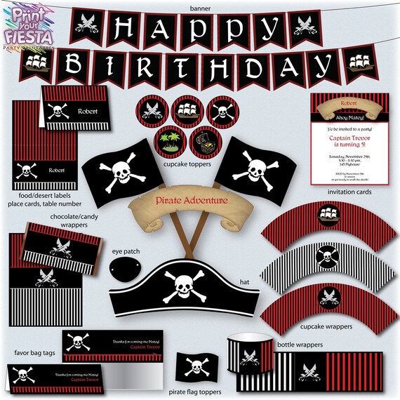 Print Your Fiesta editable printable party set - Pirate Adventure - pirate hat, card, wrappers toppers, Free shipping, Opening SALE Il_570xn