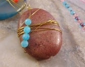 Jewelry Supplies.Pink Rhodalite Gemstone with Blue Jade.Wire Wrapped.One pendant