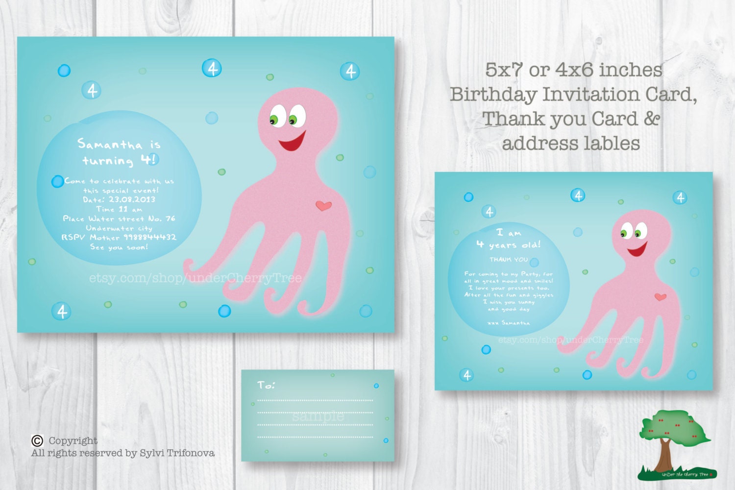 Custom Printable  Birthday Party Photo Invitation set -  Octopus theme. Birthday Invitation. Thank you card. Labels. Party - Best price