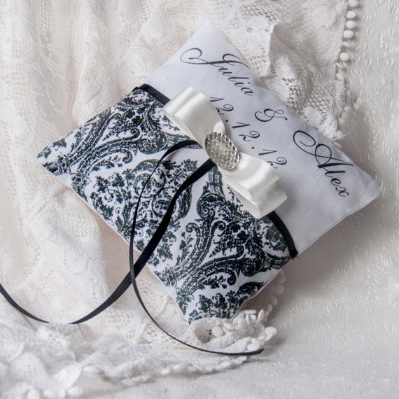 Personalized Wedding Ring Pillows from the collection DAMASK black and white wedding