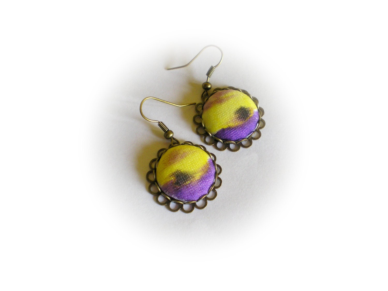 Ombre handpainted silk covered button earrings dangle earrings  yellow, teal, aqua, peacock  fabric, het, estspirit