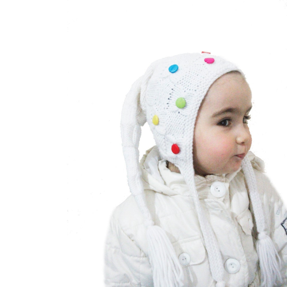Knitting baby hat, baby elf hat in white with colorful beads - Iamamother