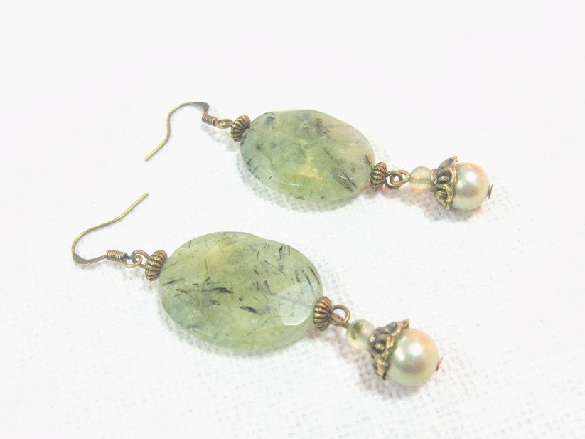 Green Prehnite Earrings Earthy Semiprecious Gemstone Jewelry Sage Moss Forest green pearls bohemian dangles  matching necklace available