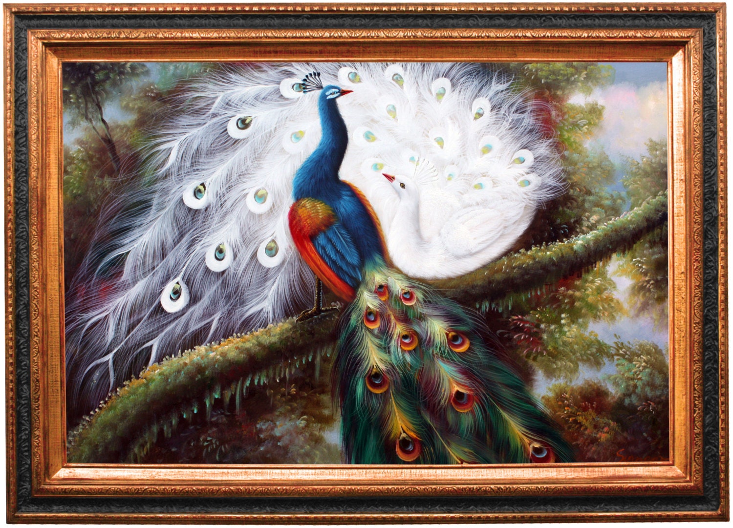 Peacock Show - Beautiful oil painting on canvas custom framed, Feathers, Bird, Vibrant Colors, Gallery