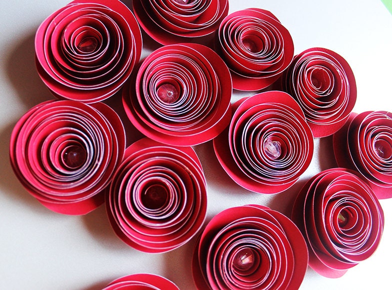 A Dozen Red Spiral Paper Rose Embellished With Clear Gem Beads 2" to 3"- Centerpiece - Party Favors - Scrapbook -  Home Decor - Gift